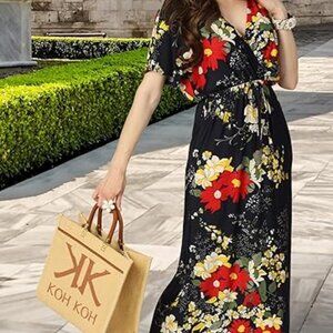 Koh Koh Black Floral Maxi Dress with Red & Cream Blooms